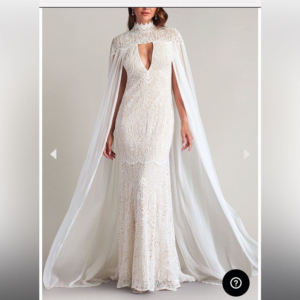 Tadashi Shoji: CASPIAN CHIFFON CAPE LACE GOWN